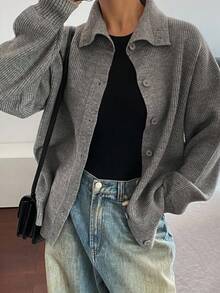 Livesso Cárdigan de cuello alto holgado de unicolor para mujer, de estilo minimalista, para otoño/invierno - Gris - Ver 6