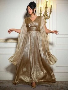 Roveilla Plus Size Elegant Party Metallic V-Neck Ruched Dress, Suitable For Spring And Autumn Mother Of The Bride Dress Plus Size Plus Size Evening Gown Bronze Dress Champagne Formal Dress Gold Plus Size Formal Dress