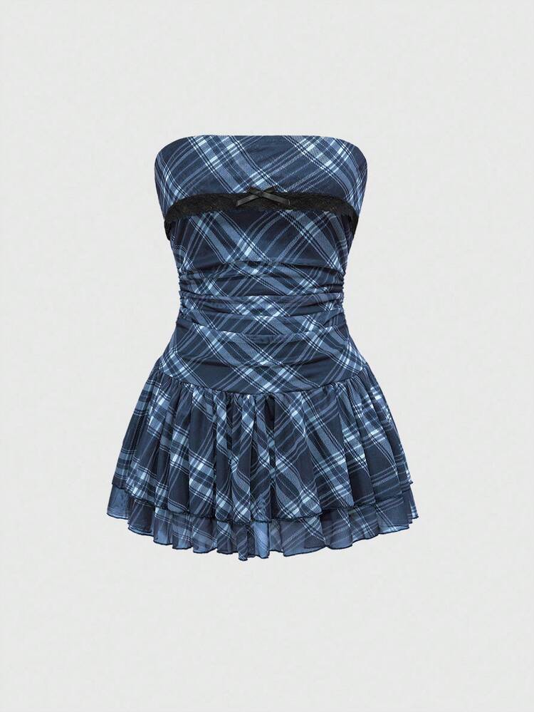 blue plaid strapless dress Strapless Bandeau Top