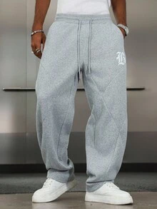 PAVTROS 男士休闲运动字母印花抽绳腰运动裤 - 灰色 - 查看 1