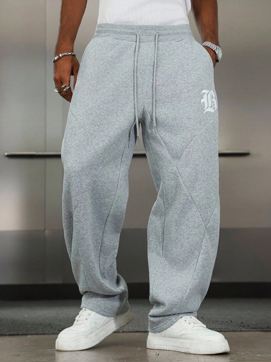 PAVTROS 男士休闲运动字母印花抽绳腰运动裤 - 灰色 - 查看 1