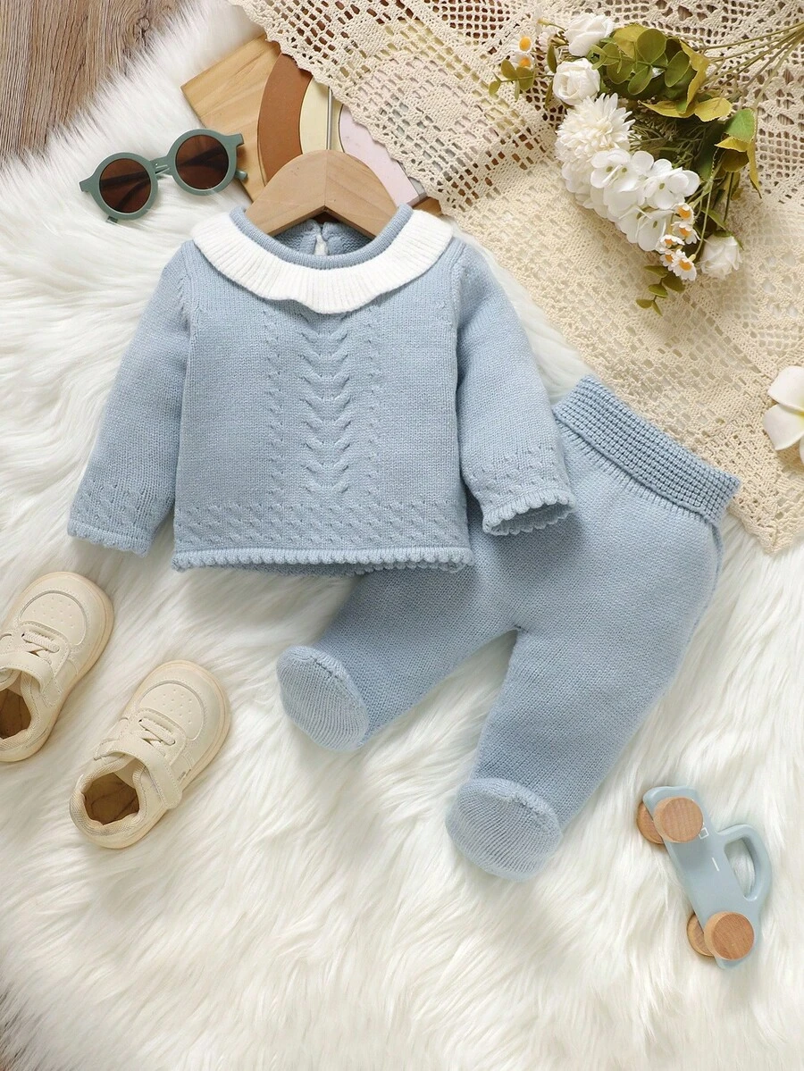 2 件新生儿毛衣套装：荷叶边领长袖套头衫 + 休闲打底裤，时尚甜美婴儿装 - 淺藍色 - 查看 1