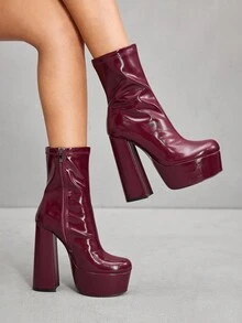 CUCCOO SZL Wine Red Square Toe Chunky Heel Waterproof Platform Elastic Minimalist Formal Side Zipper Ankle Boots & Short Boots For Women For Christmas - Burgundy - View 4