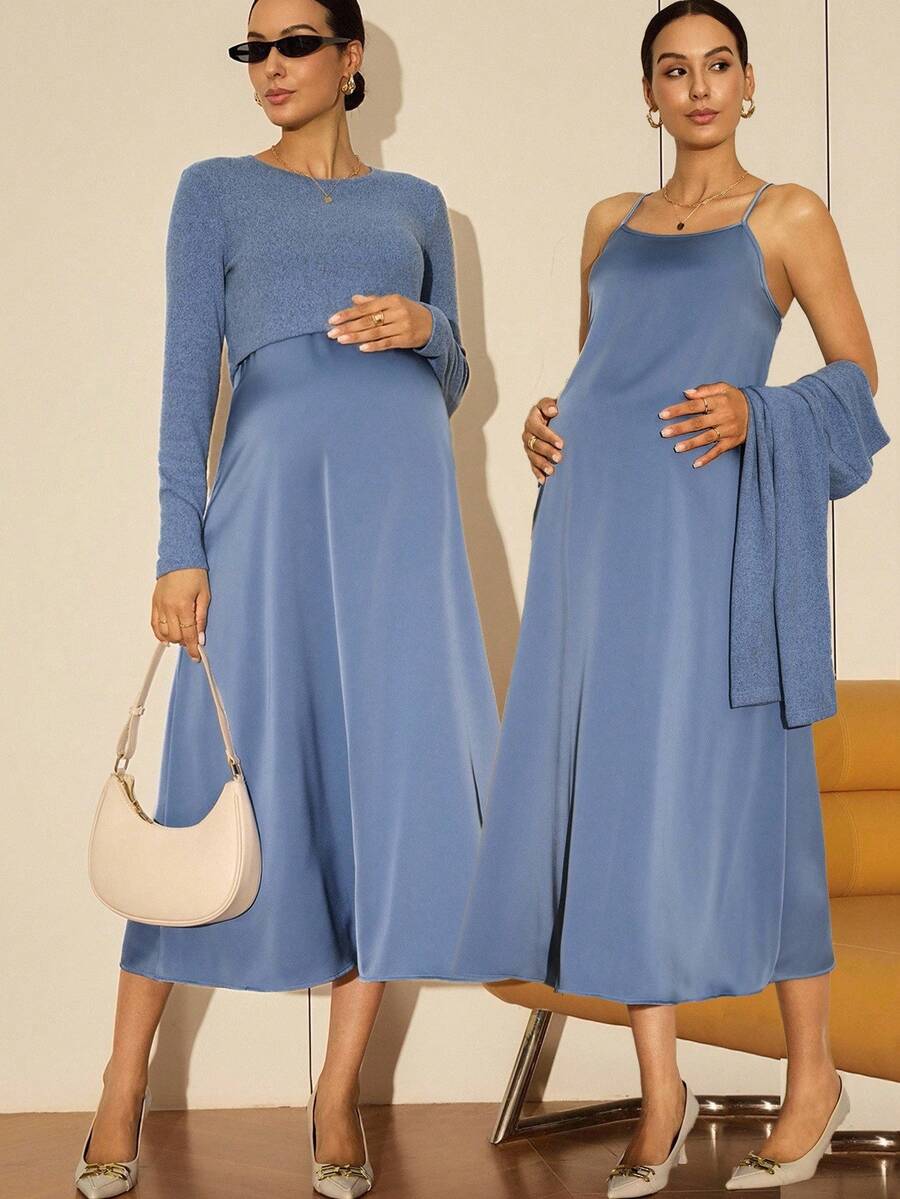 MaterniWear Maternity Work Clothes,Maternity Work Outfits ,Maternity Work Two Pieces Dress,Office,Business Casual Woman Fall Clothes,Autumn Clothes,Maternity Autumn Clothes 2pcs Maternity Elegant Commuter Long Sleeve Top And Slip Dress Set Maternity Blue Dress Blue Midi Dress Maternity Two Pieces Set Blue Blue Maternity Dress Maternity Two Pieces Dress Maternity Two Pieces Sets Pregnancy Dresses Maternity Clothes Two Pieces Suits Nursing Dresses