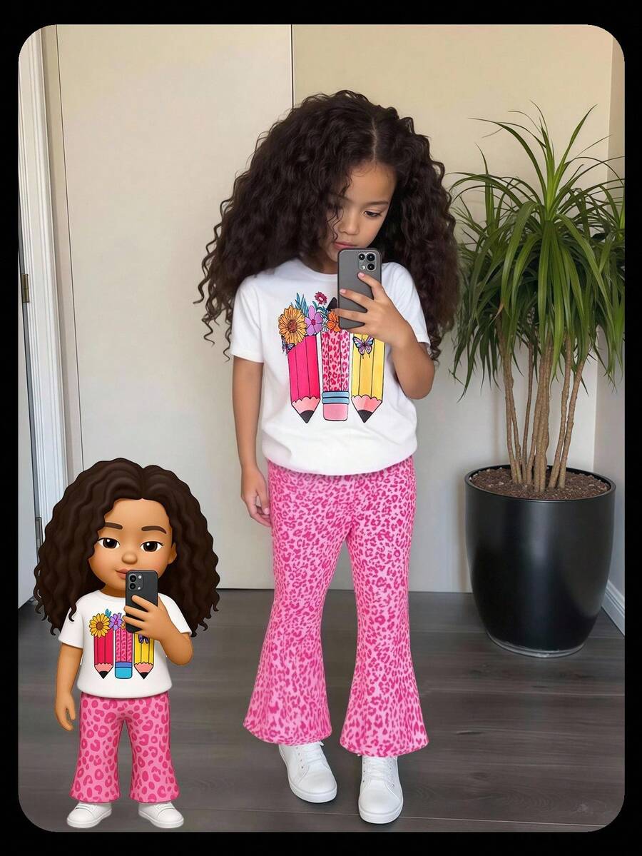 SHEIN Girls Kids Summer New Pencil Print Simple Round Neck Short Sleeve T-Shirt + Cute Flared Pants Casual Sports Suit, Back To School Versatile Outfit - Multicolor - View 1