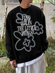 DAZY Men's Floral Print Thermal Lined Pullover Sweatshirt, Autumn/Winter - Black - View 3