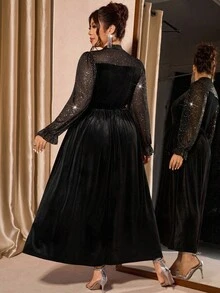 Cravure Plus Size Women Mesh & Velvet Elegant Puff Sleeve Dress, Waist Cinched, Suitable For Party