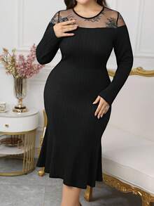 Modelyn Plus Size Long Sleeve Mermaid Fitted Knit Elegant Dress, Autumn/Winter - Black - View 1