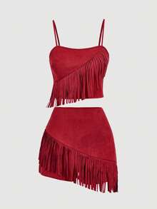 SHEIN MOD Plus Size Women's Red Suede Fringe 2 Pieces Set, Music Festival Outfit, Western Outfit