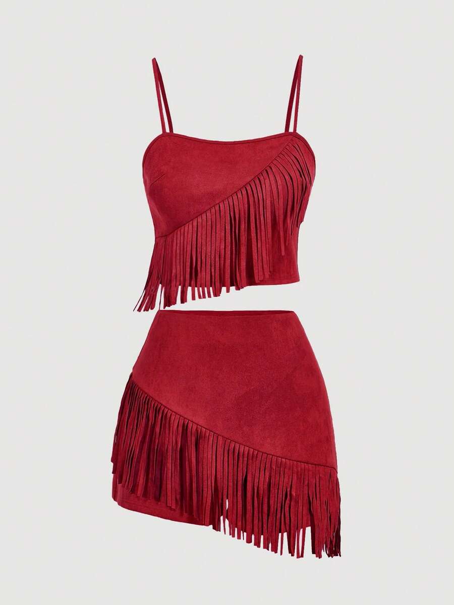 SHEIN MOD Plus Size Women's Red Suede Fringe 2 Pieces Set, Music Festival Outfit, Western Outfit