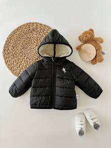 1件装新生儿时尚休闲连帽黑色羽绒服，带抓绒内衬，保暖舒适，适合冬季穿着，绗缝外套，适合返校、生日、婴儿洗礼、婴儿派对等场合，也适合玩耍，秋冬季复古羽绒服，秋季保暖外套