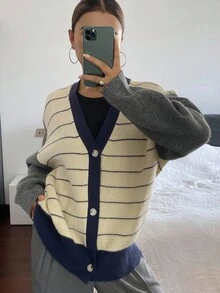 Livesso Áo khoác cardigan dệt kim dài tay họa tiết sọc khối màu đơn giản dành cho nữ, mùa thu/đông - Màu be - Xem 5