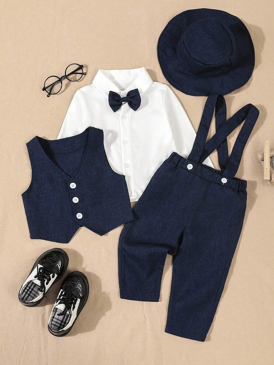 SHEIN 4pcs Formal Gentleman Outfit For Baby Boy, Including White Long Sleeve Shirt, Bowknot, Single-Breasted Vest, Elastic Waist Suspender Pants, And Hat. Vintage Gentleman Style Suitable For Holidays, Formal Occasions, Weddings, Performances, Parties, Birthdays, Back To School, Christmas, And Graduations. Fall Winter