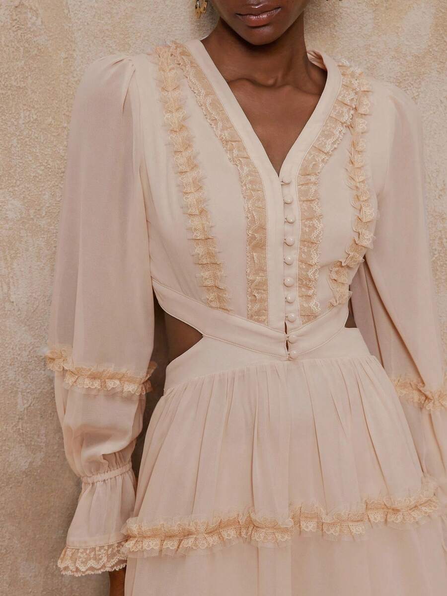 SHEIN Privé VITNOS Peach Pink Elegant Wedding Dress For Women, Lace V-Neck Long Sleeve Flared Gown,Autumn High-End Luxury Evening Party Prom Graduation
