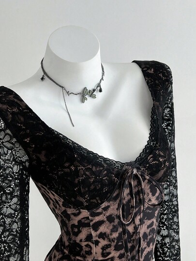 Elamini 1pc Women's Lace, Leopard Print Bodycon Mini Dress, Stretchy Fabric, Party, Christmas, Valentine's Day Style