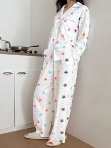 DAZY 女士可爱星星印花撞色滚边睡衣套装，秋冬服装 - 白色 - 查看 1