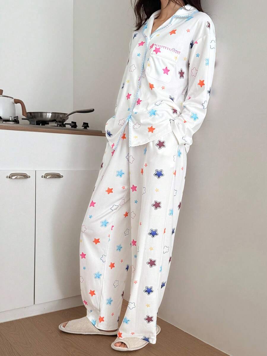 DAZY 女士可爱星星印花撞色滚边睡衣套装,秋冬服装 - 白色 - 查看 1