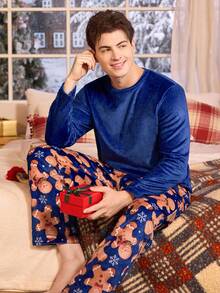 CoupledUp Cute Christmas Pattern Cozy Men Fluffy Pajama Set, Fall Winter Clothes - Multicolor - View 5