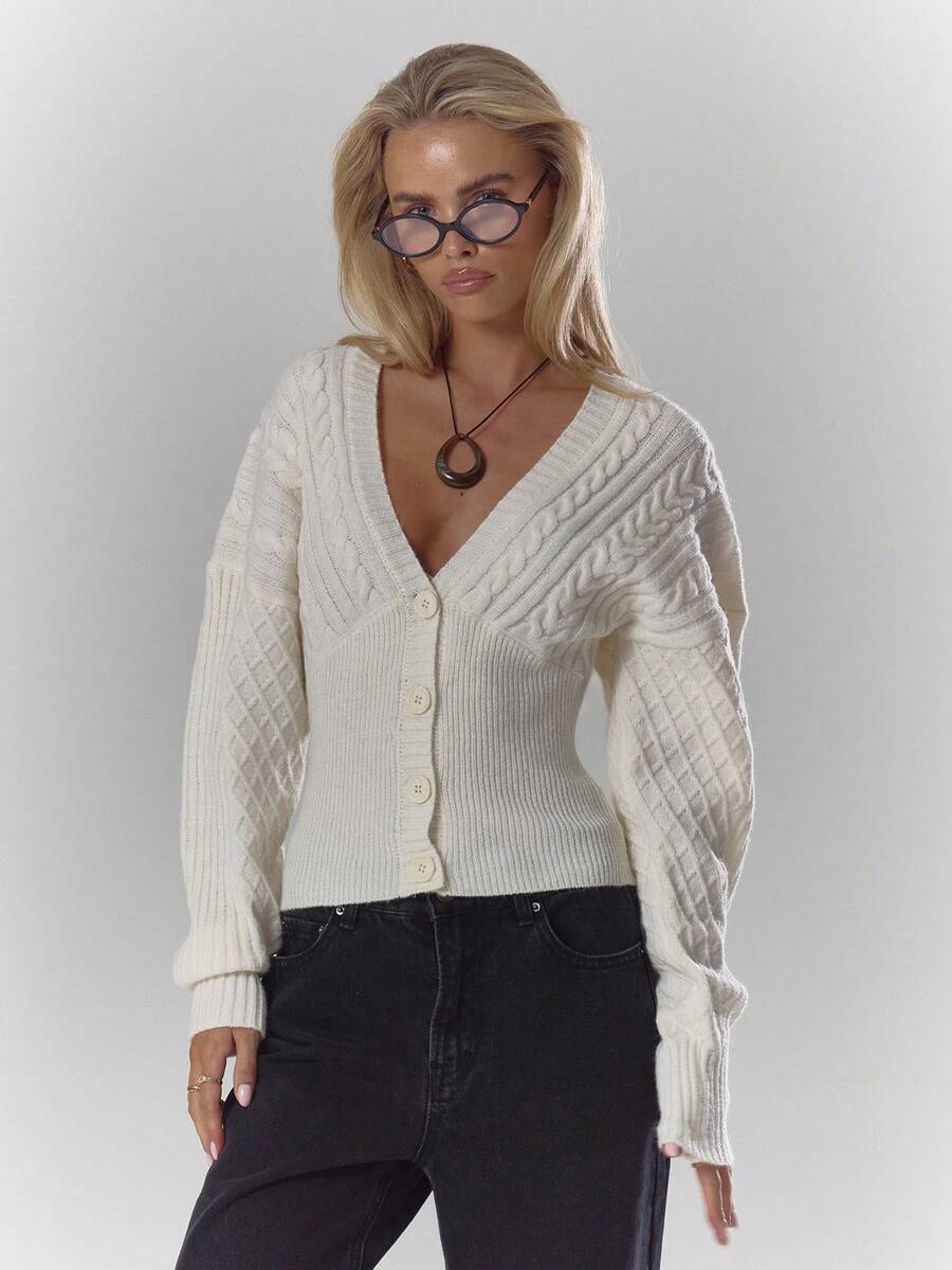 MUSERA V-Neck Cable Knit Cinched Waist Cardigan Fall Autumn Cosy Cute Casual Coffee Club Winter  Elegant Evening Party  Spring Sweater Valentines Day - White - View 1