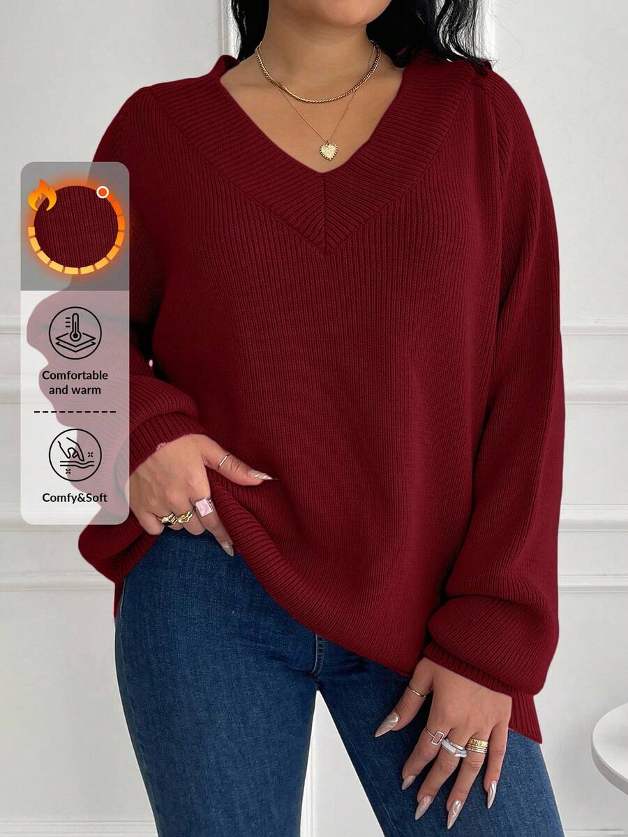 EURMUSE Plus Size V-Neck Long Sleeve Sweater, Winter