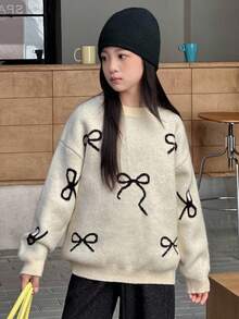 Dazy Kids Flicktröja med rund hals, fjärilsmönster och långärmad, höst - Beige - Visa 6