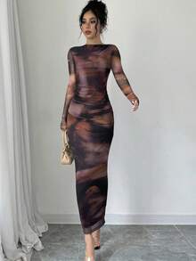 Firerie 女士优雅长袖扎染印花百褶连衣裙，扎染印花长袖修身优雅连衣裙，不对称领长袖优雅约会连衣裙，网眼弹力面料 - 彩色 - 查看 6