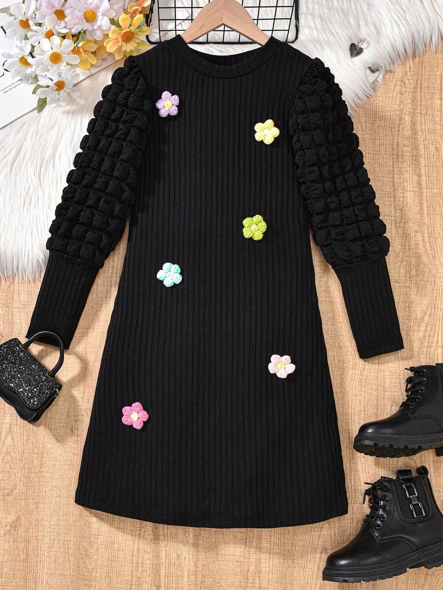 SHEIN 青少年女孩优雅 3D 花卉装饰泡泡袖黑色连衣裙，适合秋冬、度假、夏季、旅行