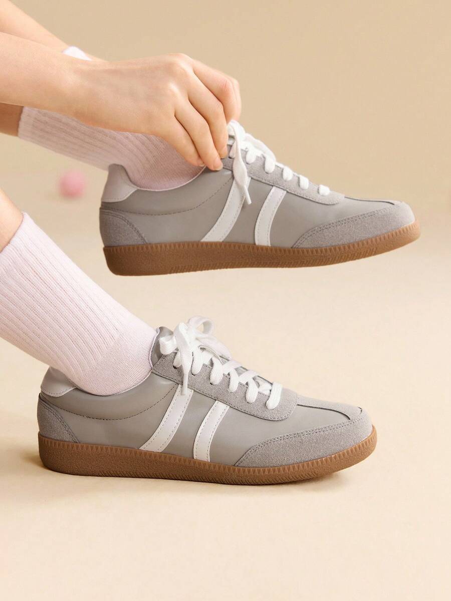 CUCCOO EASI Women's Round Toe Patchwork Design Casual Comfortable PU Leather Flat Athletic Sneakers, Versatile For Daily Casual Wear - Dark Grey - View 1