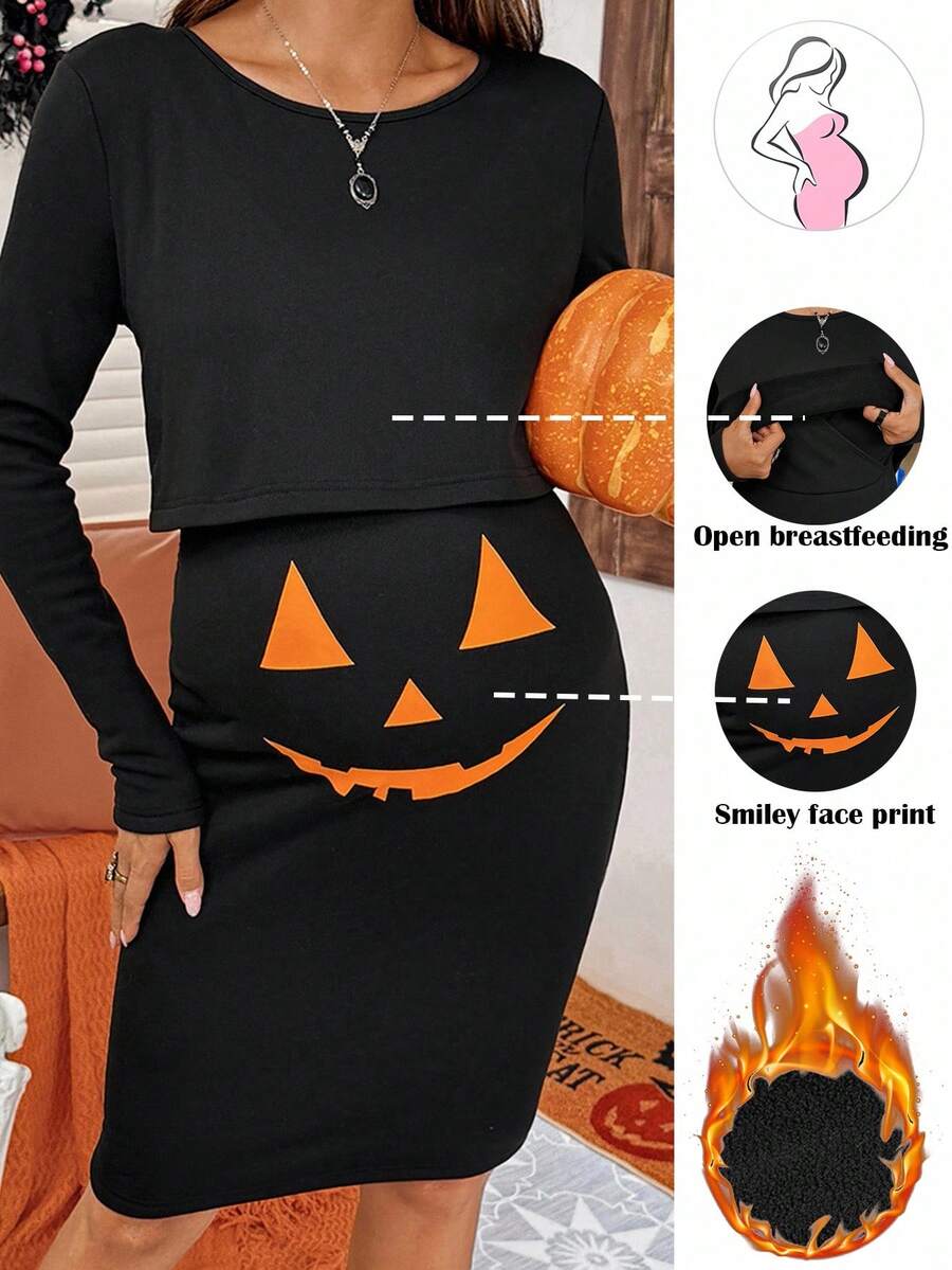 SHEIN Sukienka do karmienia piersią dla kobiet w ciąży, czarna, z nadrukiem dyni na Halloween, z długim rękawem, dopasowana, jesienno-zimowa, termiczna, z podszewką, ciepła, na Halloween