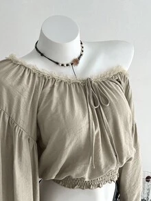 SHEIN Unity 露肩蕾丝拼布灯笼袖衬衫 - 卡其色 - 查看 6