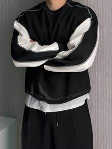 DAZY 男士撞色拼接保暖内衬套头衫，秋冬款 - 黑色 - 查看 1