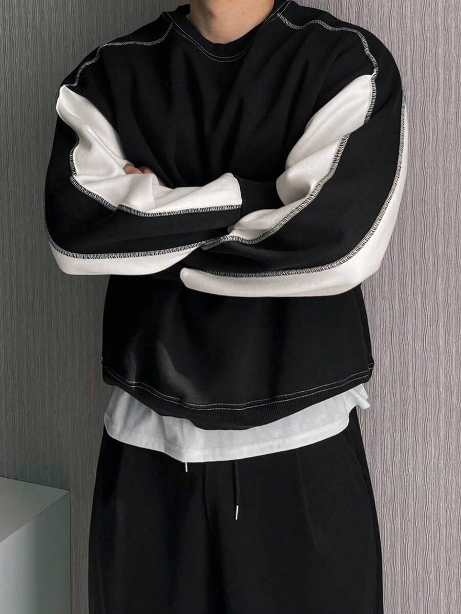 DAZY 男士撞色拼接保暖内衬套头衫，秋冬款 - 黑色 - 查看 1