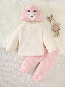 3pcs Baby Girls' Cartoon Sheep Embroidery Pajama Set With Hats,White And Pink,Autumn,Cute,Lounge Fleece Long Sleeve Winter Pajamas,9M-3Y Newborn Girl - Pink - View 8