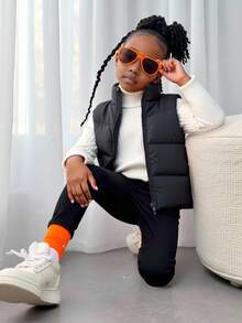 Girls' Casual Minimalist Stand Collar Sleeveless Loose Solid Color Padded Vest, Versatile Padded Coat For Autumn White - Black - View 9