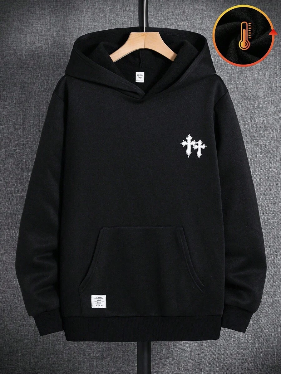 SHEIN 青少年男童简约宽松撞色字母印花卫衣,休闲学院风,舒适百搭,面料柔软,适合日常穿着、上学、外出、户外活动,秋冬季男童卫衣,青少年黑色卫衣,十字架图案卫衣,秋冬季男童卫衣,青少年黑色基督教卫衣,哥特十字架酷炫摇滚印花卫衣 - 黑色 - 查看 1