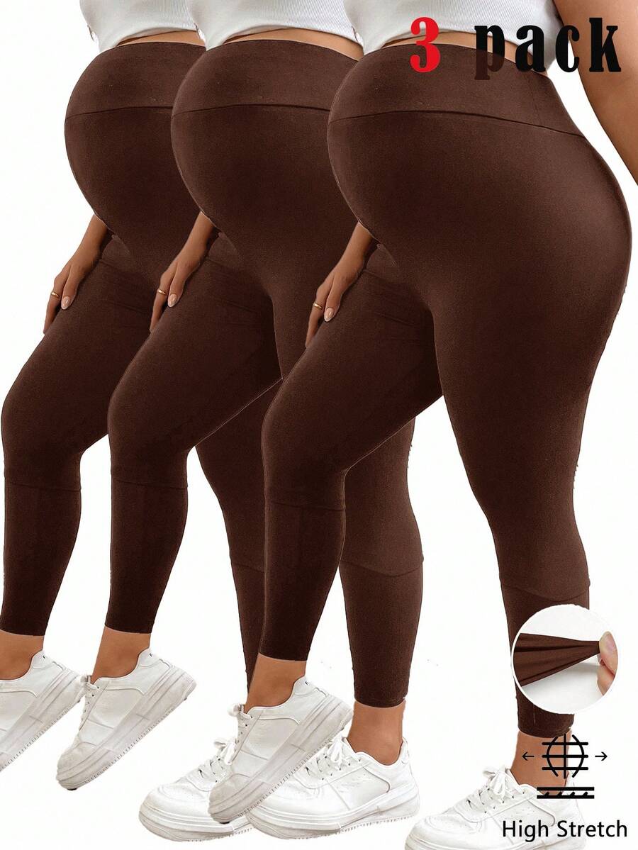 Plussiva 纯色可调节腰围孕妇紧身裤 - 棕色 - 查看 1