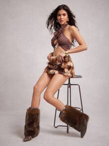 SHUZIA Women's Faux Fur Pointed Toe Wedge Heel Mid-Calf Boots - Coffee Brown - View 3