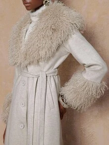 Lumalex VITNOS Fall/Winter Winter Women's Faux Fur Collar Elegant High-End Wool Blend Coat With Waist Belt Winter Outfit Glamorous Everyday Wear Special Occasion, Parties, Going Out, Teacher's Outfit, Business Casual, Luxury Coats For Women, Fall Clothes For Women, New Year Outfits, Holiday Look