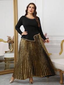 Modelyn تنورة مزينة بالترتر الذهبي مع ملابس علوية سوداء، طقم فاخر وأنيق بطراز الحفلات الراقية والرومانسية، موديل مخصص للمقاسات الكبيرة، قطعتان - الأسود - مشاهدة 1