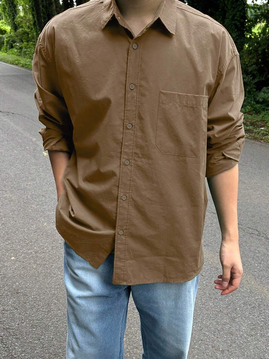DAZY Men's Basic Casual Solid Brown Shirt - Brown - View 1