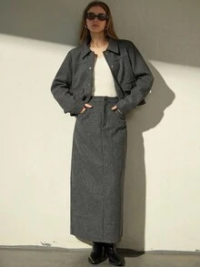 Aveloria Modichic 2pcs Women Dragon & Phoenix Decor Collar Pocket Long Skirt Set - Dark Grey - View 3