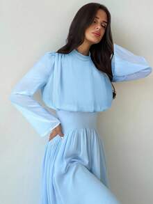 Firerie 女士优雅高领喇叭长袖中长连衣裙，适合春季、夏季、秋季、冬季、通勤、优雅、波西米亚、浪漫、约会、婚礼、毕业、音乐会、工作、女士生日连衣裙 - 藍色 - 查看 6