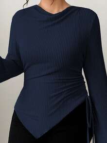Elenzga Plus Size Women's Soft & Cozy Long Sleeve Apricot T-Shirt, Asymmetrical Hem, Suitable For Commuting & Dating, Autumn/Winter - Navy Blue - View 5