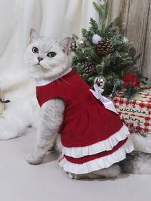 PETSIN 猫咪圣诞宠物裙 - 红色圣诞老人风格，配白色蝴蝶结和褶边