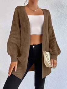 EURMUSE Casual Versatile Solid Color Drop Shoulder Loose Cardigan - Camel - View 6