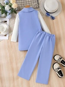 Sparklyn 3 件套年轻女孩时尚白色圆领长袖 T 恤 + 串珠粉色西装背心 + 松紧腰阔腿裤，适合日常、休闲、学校、所有季节 - 藍色 - 查看 2