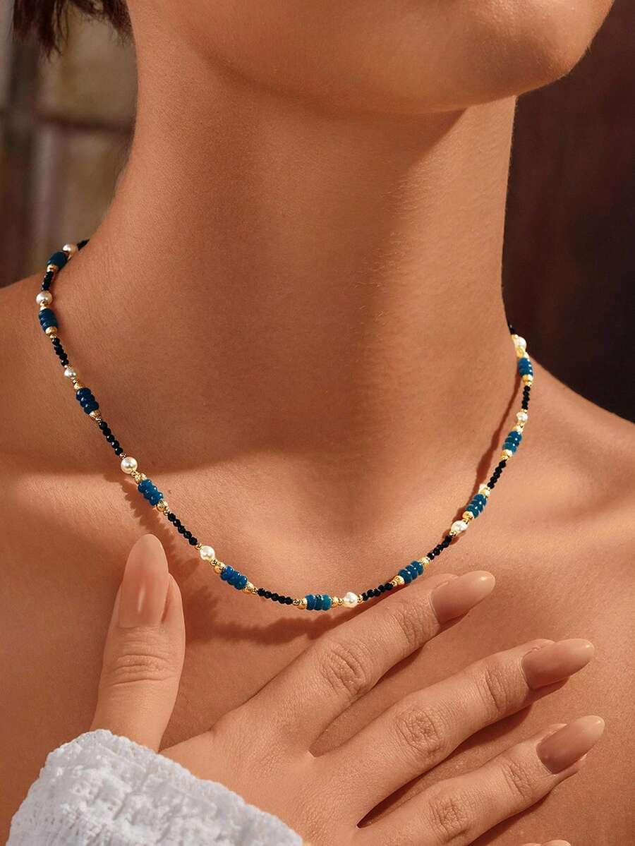 Glisma 18K Gold-Plated Elegant Vintage Beaded Necklace For Women,Shopping,Casual,Work,Vintage,PREMIUM,Metallic/Texture,Western Jewelry,Old Money,Gemstone,Outfits,Fall/Autumn/Winter,For Mom/Women/Girl/Mother,Premium,Beaded