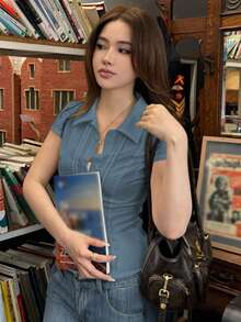 DAZY Camisa de mujer de manga corta ajustada de unicolor con cuello - Neblina azul - Ver 6