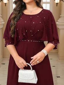 SHEIN Clasi Váy choàng đính đá trang trí thanh lịch cỡ lớn dành cho nữ, mùa hè - Màu Đỏ Sâu - Xem 1