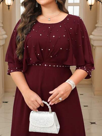 SHEIN Clasi Plus Size Women's Elegant Rhinestone Decorated Cape Dress, Summer